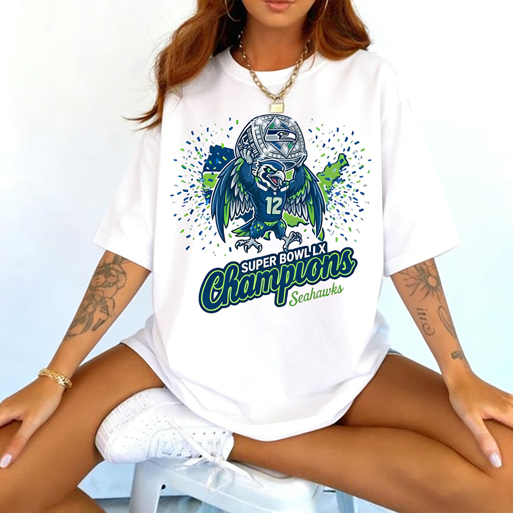Seattle Seahawks Football 2026 Champion T Shirt  Hawk Mascot Victory Ring  12th Fan Unisex Football Tee
