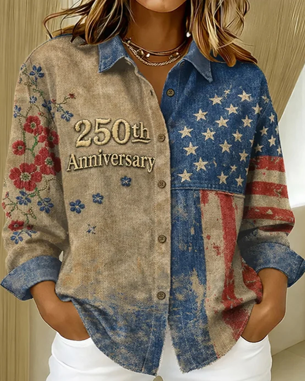 Women's Plus Size US 250th Anniversary Retro Art Print Casual Long Sleeve Shirt