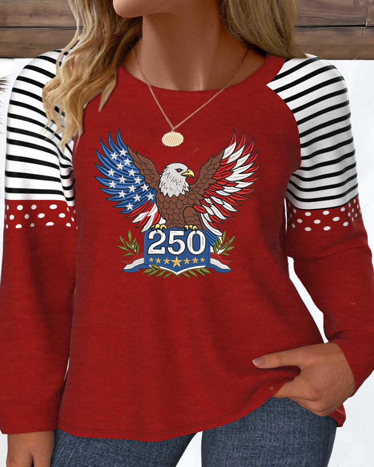 Women's Plus Size Retro American 250th Anniversary Striped Color Blocking Long-Sleeved Top