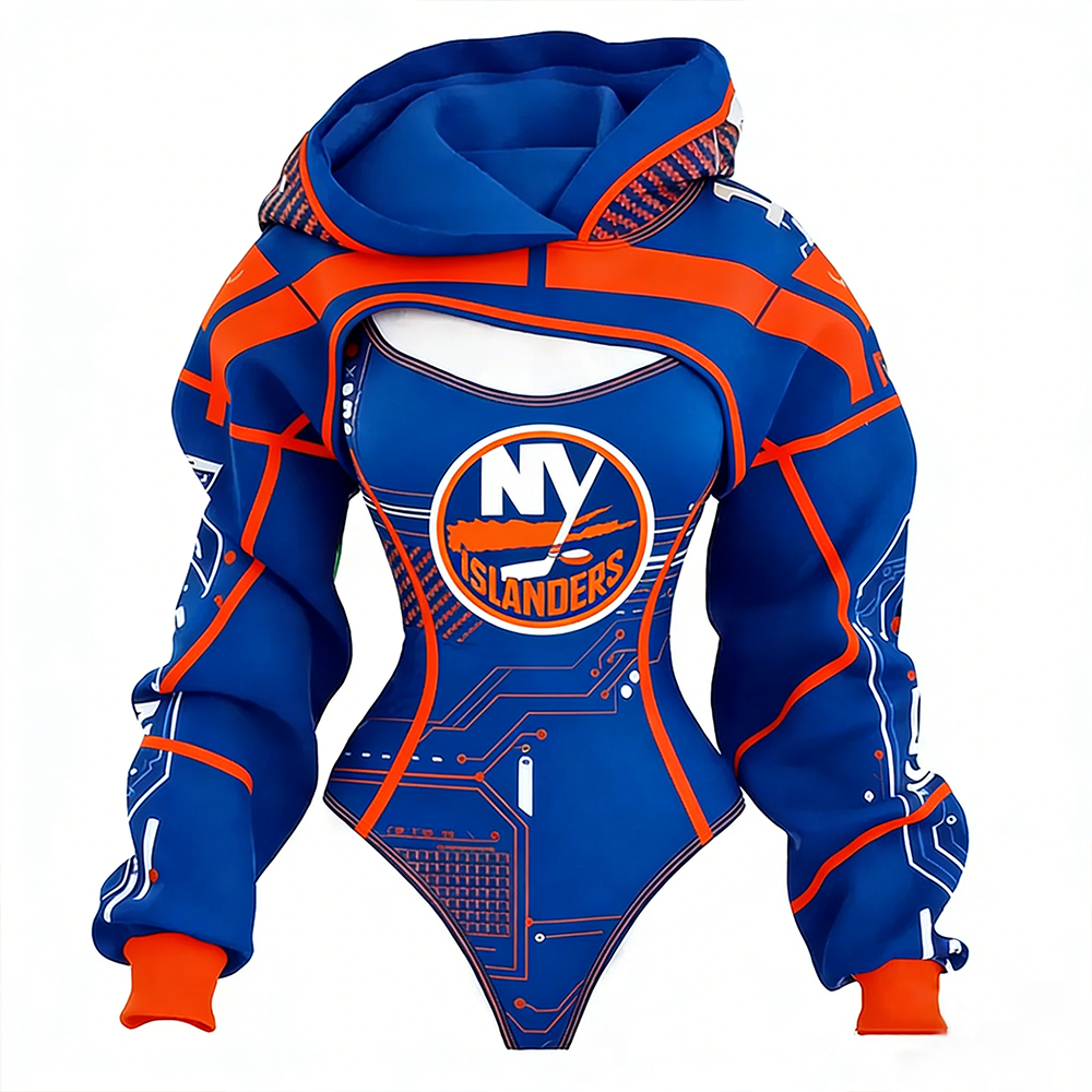 Women's Stylish New York Islande Team Hockey Shrug Hoodie & Bodysuit Two-Piece Set