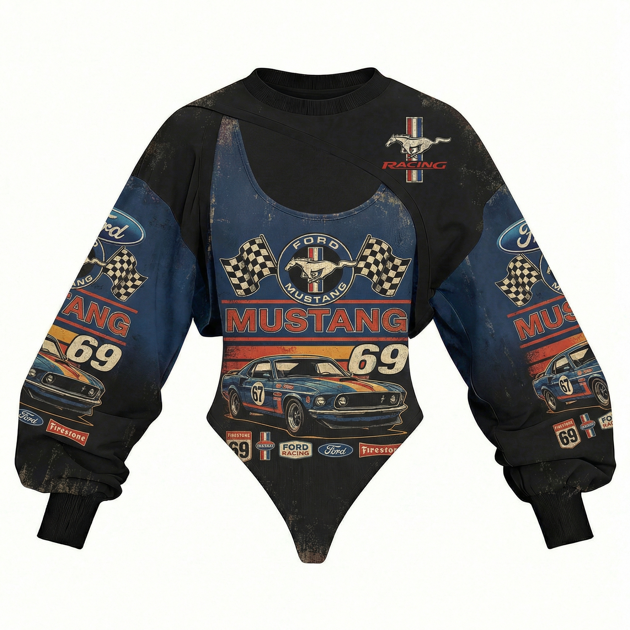 Women's Racing Team Logo Digitally Printed Tights Irregular Sweatshirt Set