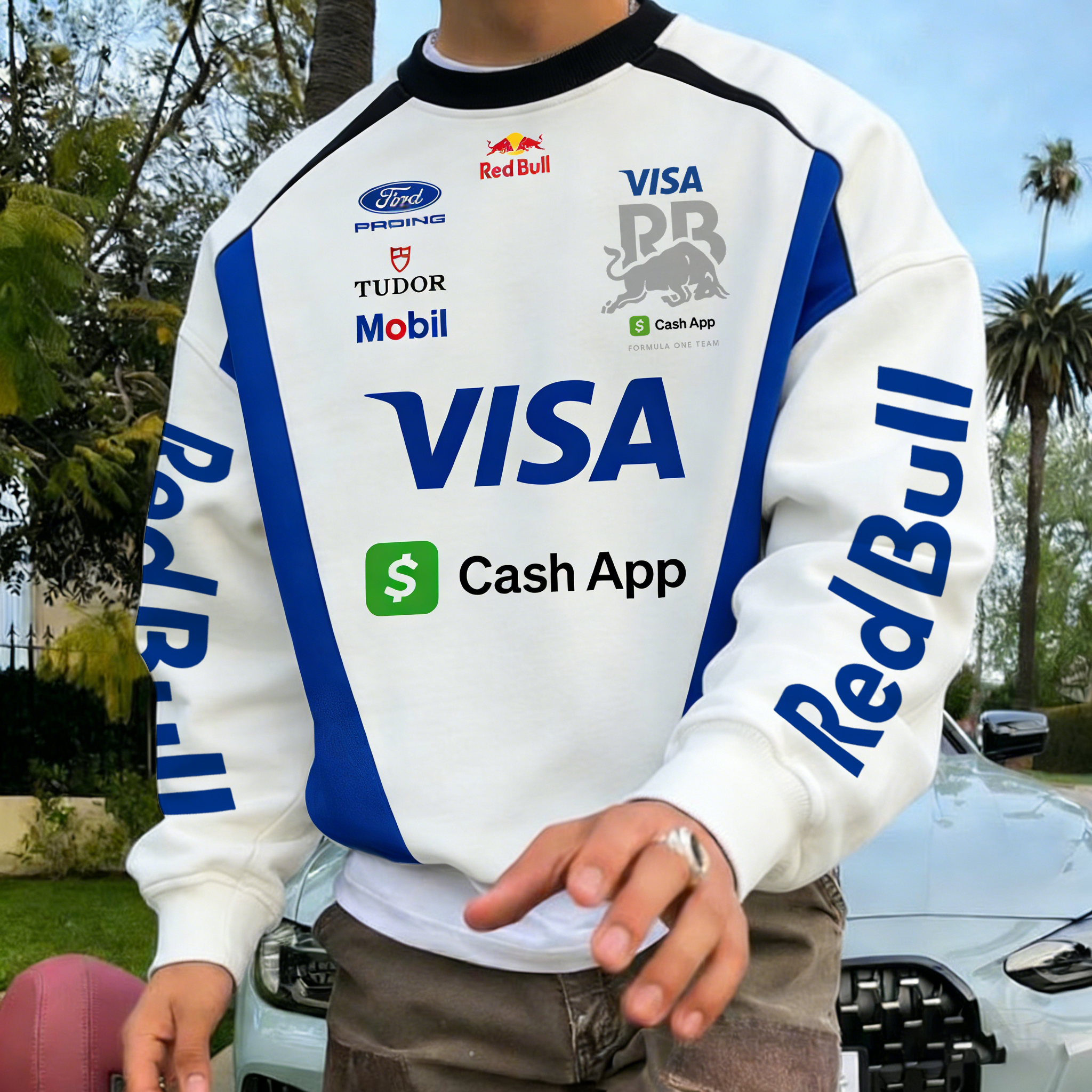 Men's Racing Print Loose Casual Crew Neck Pullover Sweatshirt