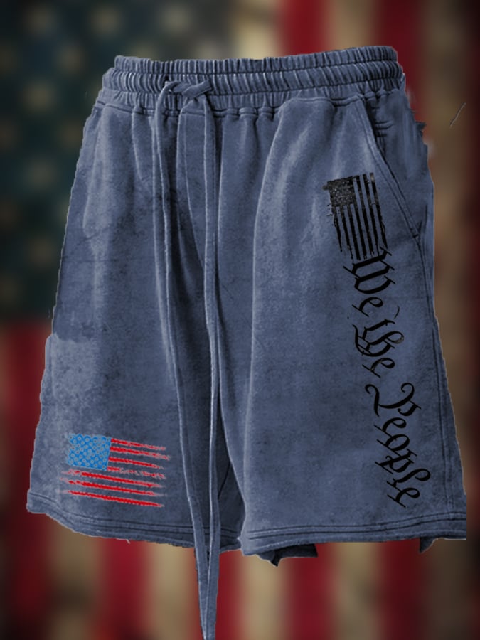 Men's Vintage Distressed Hem Independence Day Print Loose Shorts