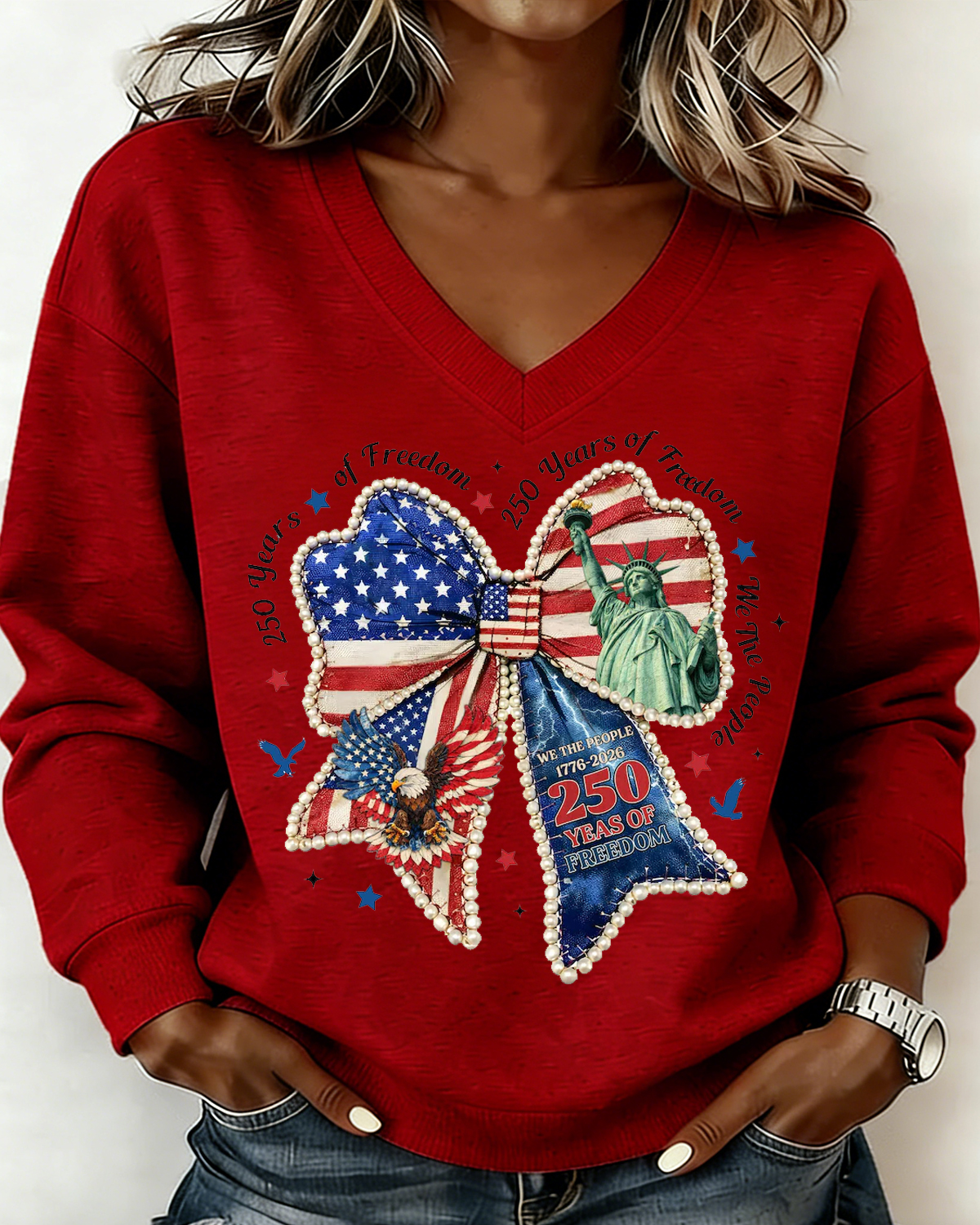 Women's Plus Size Retro American 250th Anniversary Pearl Long-Sleeved Top