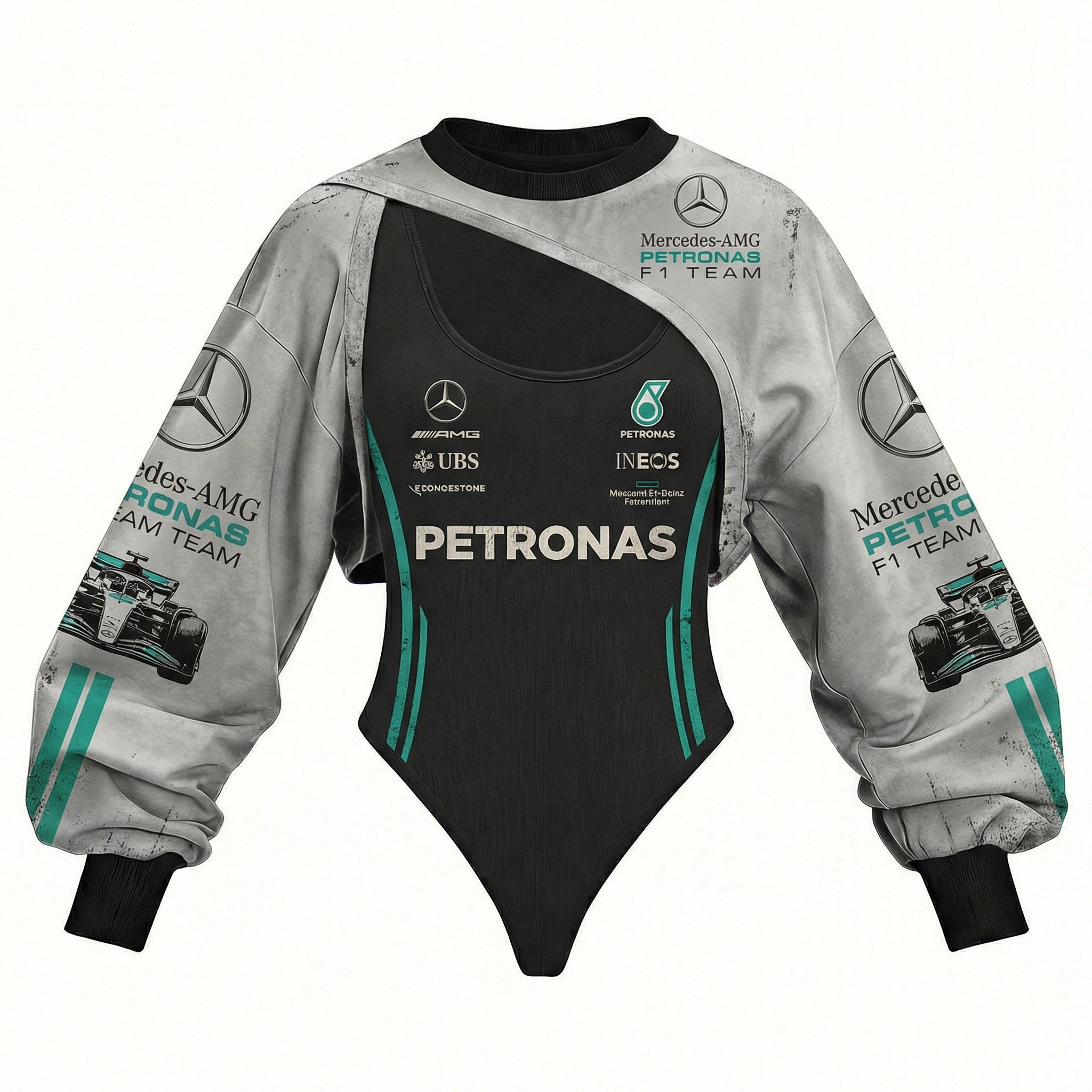 Women's Racing Team Logo Digitally Printed Tights Irregular Sweatshirt Set