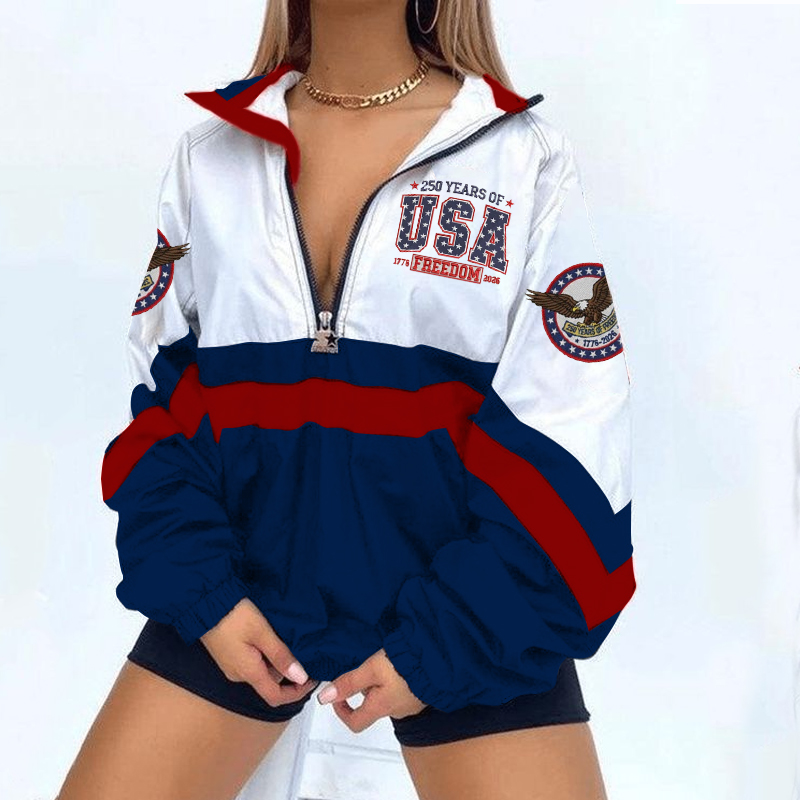 250th America Anniversary Print Zipper Long-Sleeve Sweatshirt