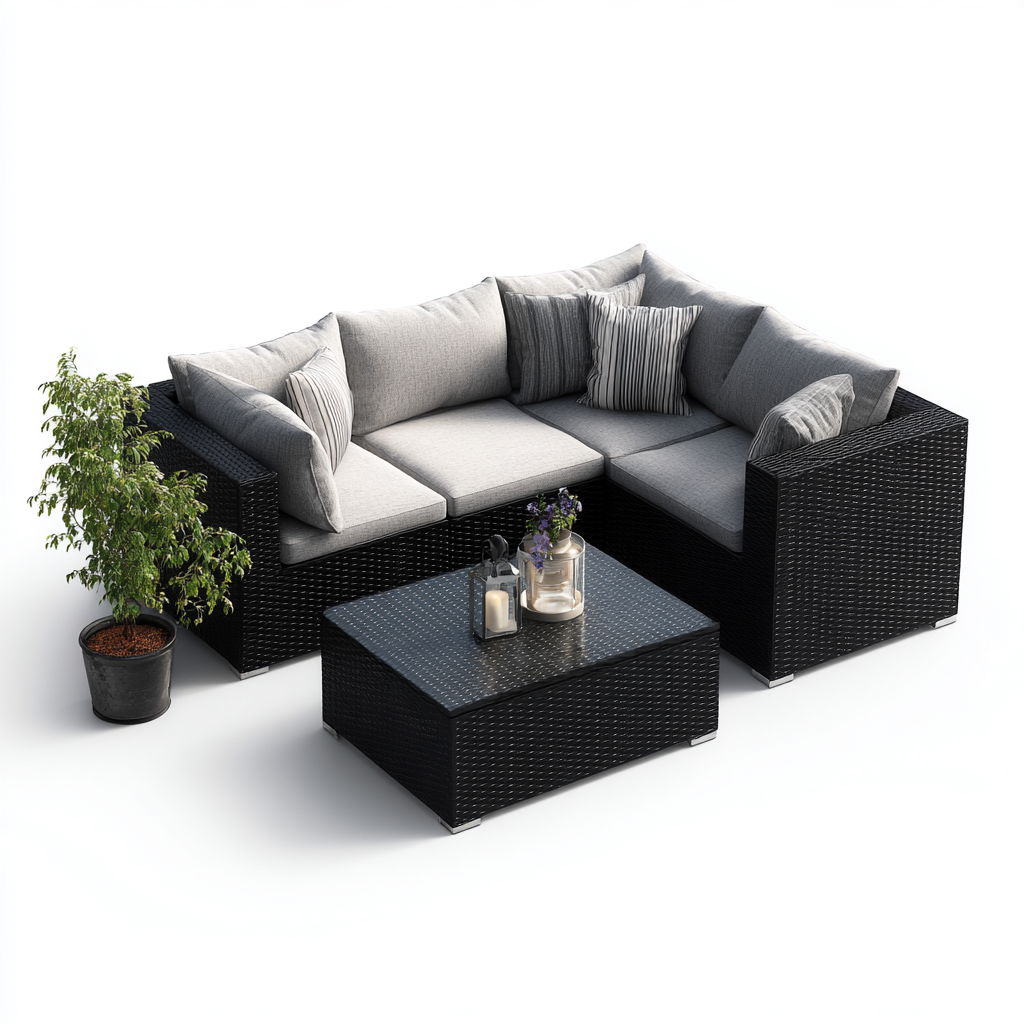 Canapé de jardin polyrattan-tissu 195x195x70 cm - noir-gris - design moderne-Luxeero