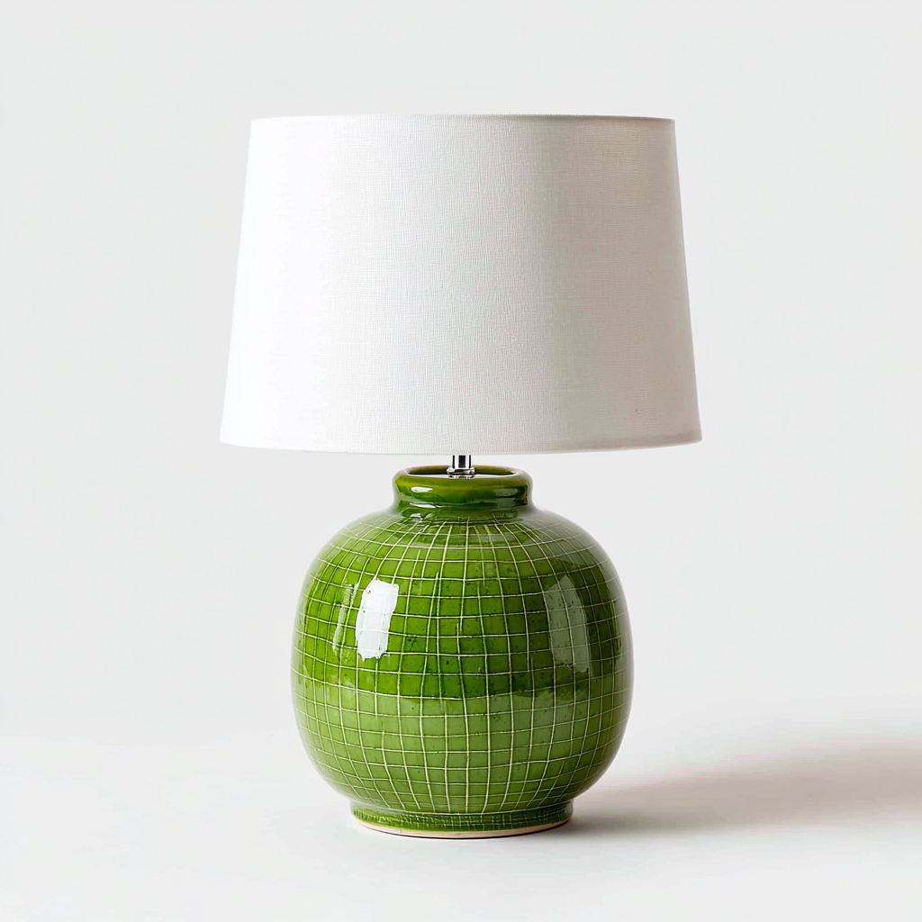 Lampe de table céramique et tissu 28x28x45 cm vert-blanc - design moderne-Luxeero