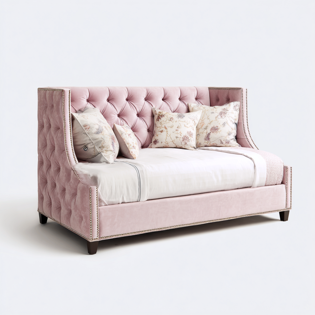 Canapé-lit velours et bois 185x85x110 cm - rose-blanc - style classique-Luxeero