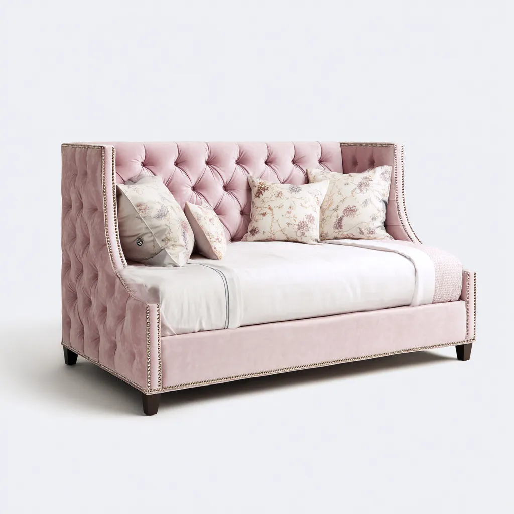 Canapé-lit velours et bois 185x85x110 cm - rose-blanc - style classique-Luxeero