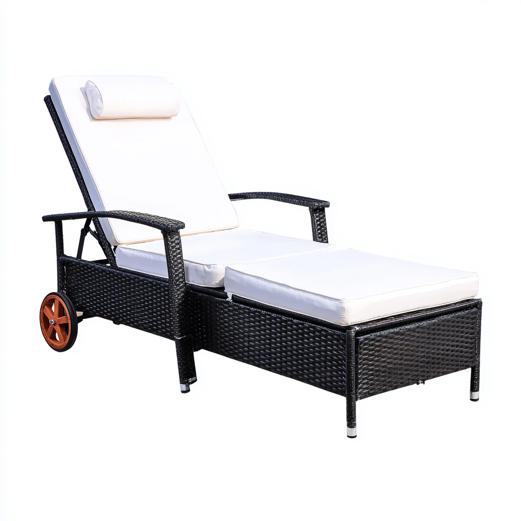 Chaise longue résine tressée-tissu 195x70x90 cm noir-blanc design moderne-Luxeero