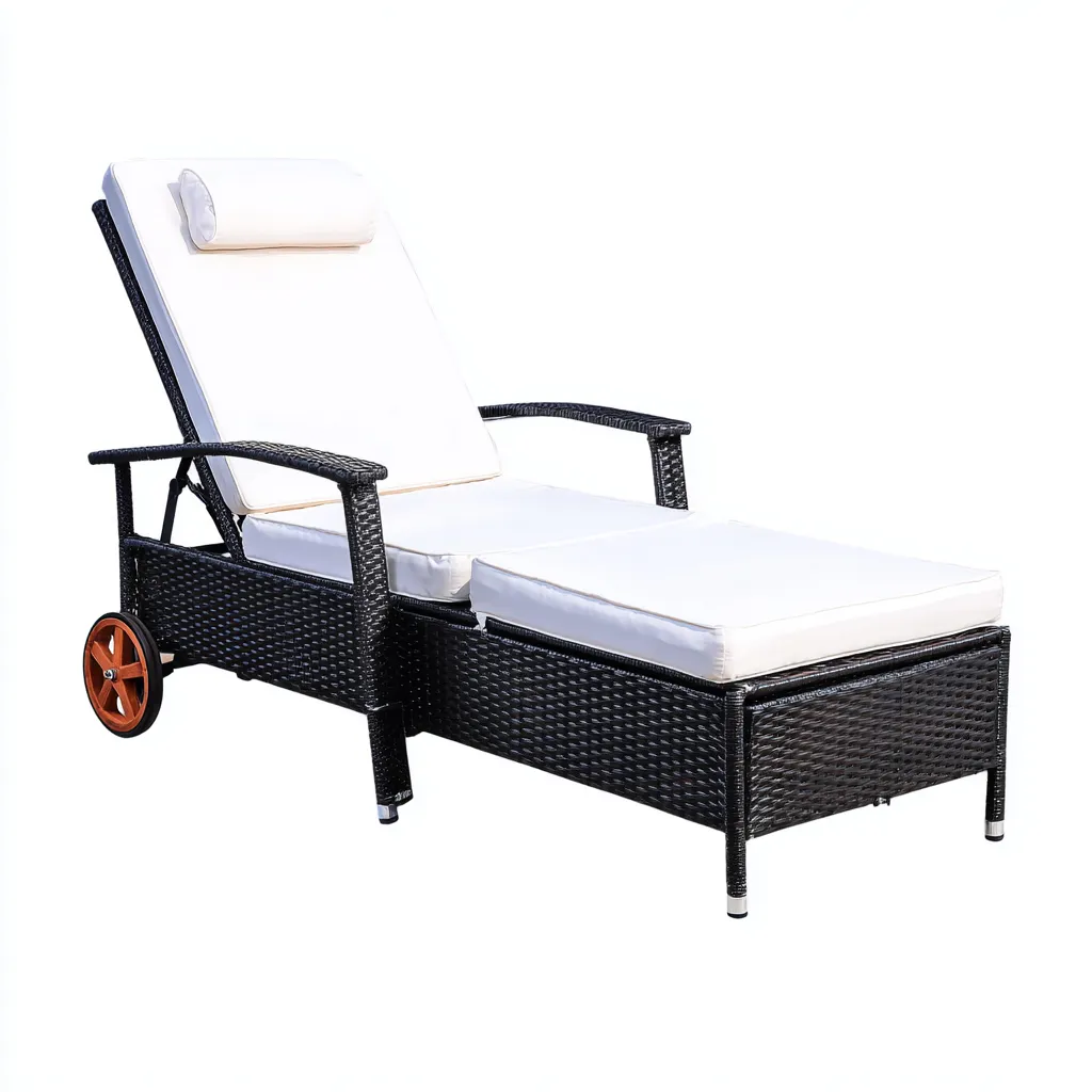 Chaise longue résine tressée-tissu 195x70x90 cm noir-blanc design moderne-Luxeero