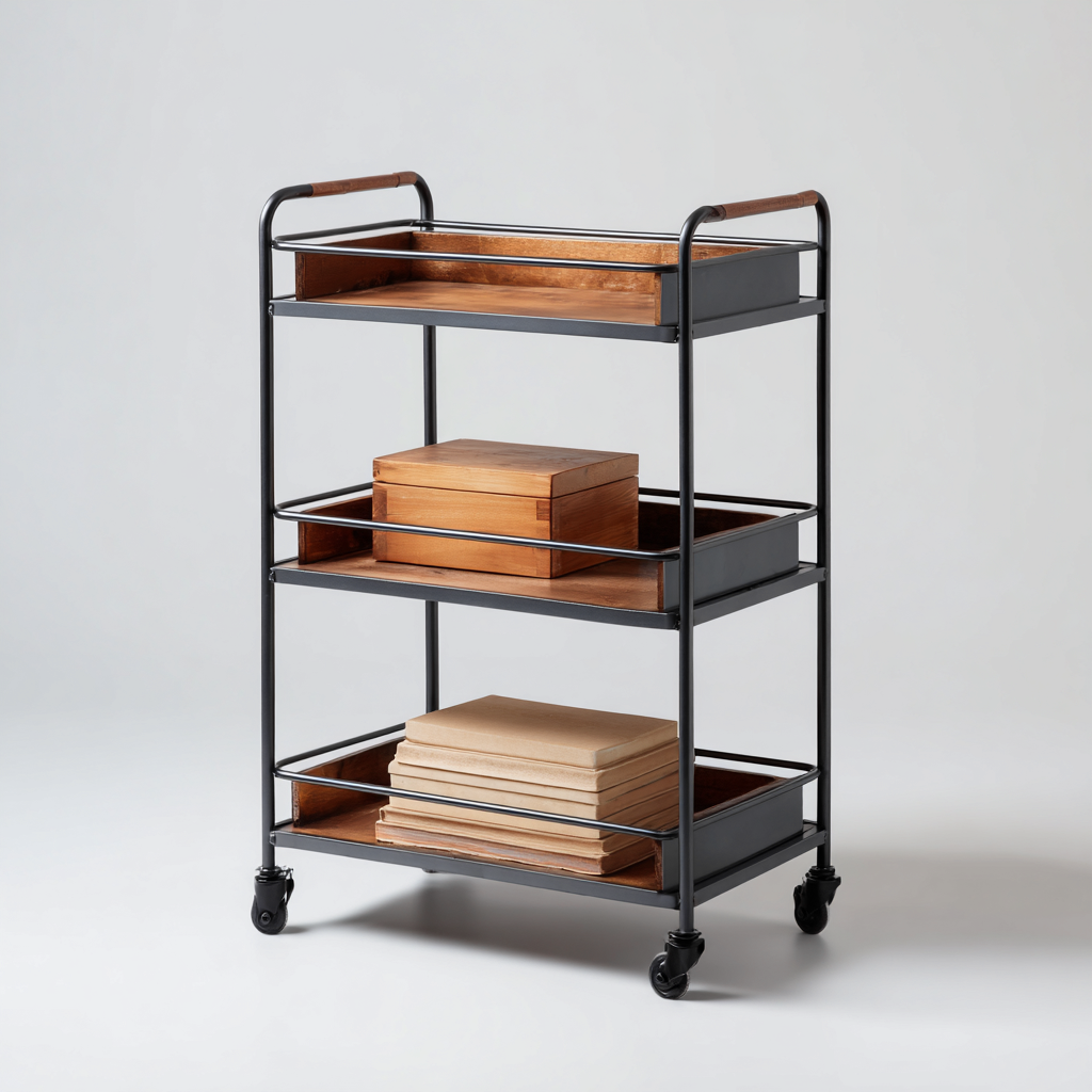 Desserte chariot métal bois 48x35x90 cm - noir-bois brun - adaptée à la maison - design industriel-Luxeero