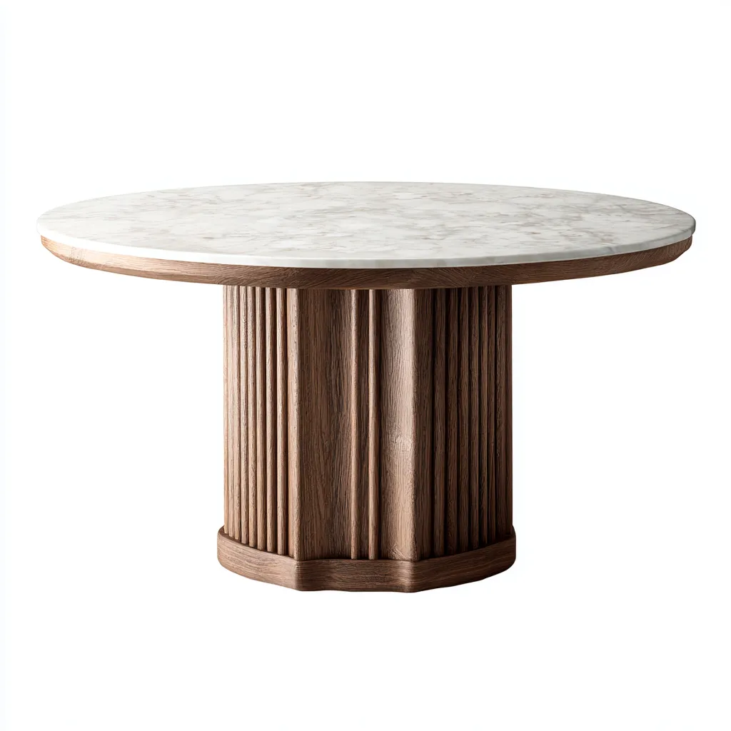 Table à manger plateau marbre et base bois - 150x150x75 cm - blanc marbré-chêne - usage salle à manger - design contemporain-Luxeero