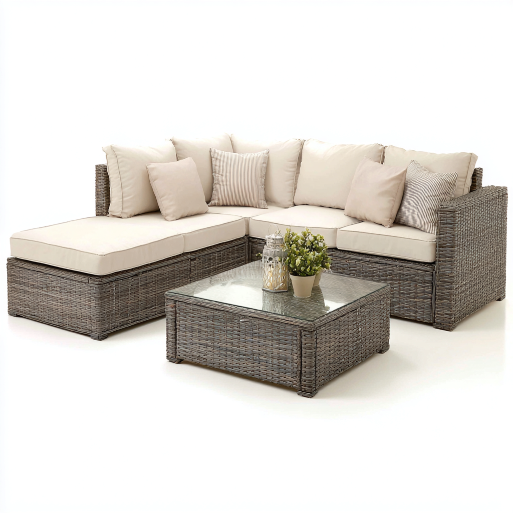 Canapé de jardin résine tressée-tissu 220x140x70 cm - gris-beige - design d'angle moderne-Luxeero