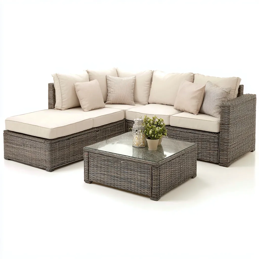 Canapé de jardin résine tressée-tissu 220x140x70 cm - gris-beige - design d'angle moderne-Luxeero