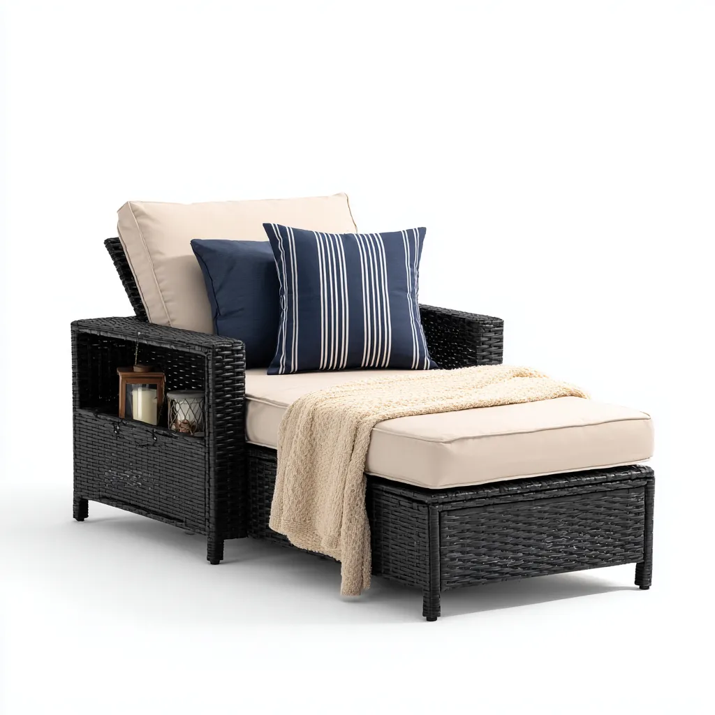 Chaise longue résine tressée-tissu 160x75x85 cm noir-beige design moderne-Luxeero