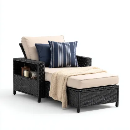 Chaise longue résine tressée-tissu 160x75x85 cm noir-beige design moderne-Luxeero