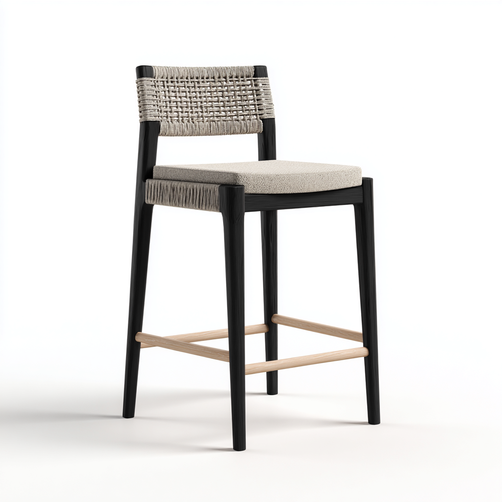 Tabouret de bar bois corde tissu 45x45x100 cm beige-noir - design moderne - usage cuisine et bar-Luxeero