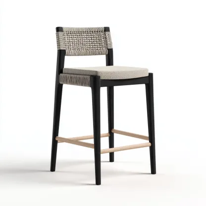 Tabouret de bar bois corde tissu 45x45x100 cm beige-noir - design moderne - usage cuisine et bar-Luxeero