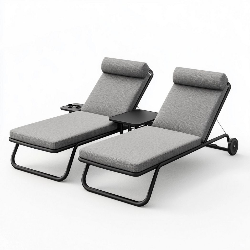 Set di Due Lettini Prendisole Regolabili in Metallo con Tavolino e Cuscini in Tessuto Grigio