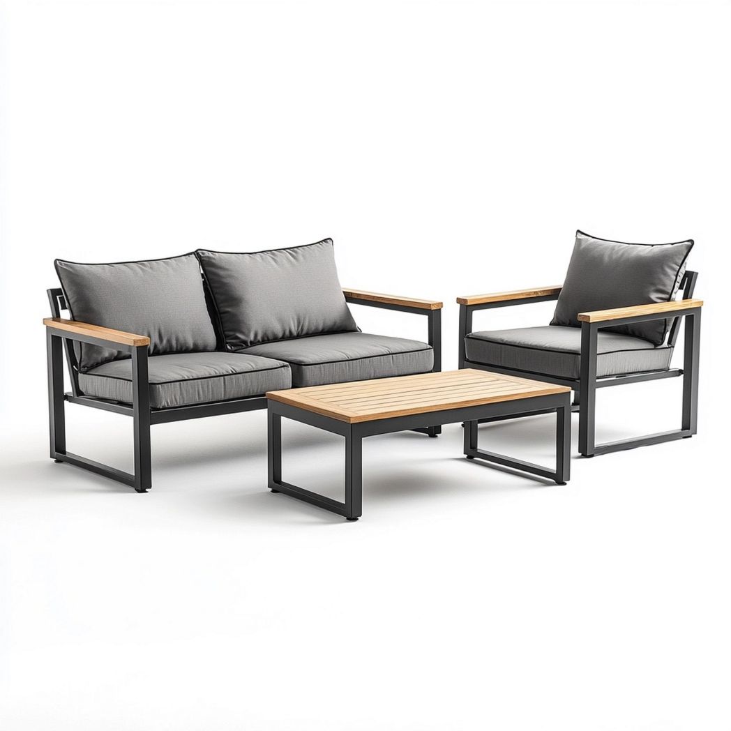 Set Mobili da Giardino 3 Pezzi in Alluminio Legno Tessuto Grigio