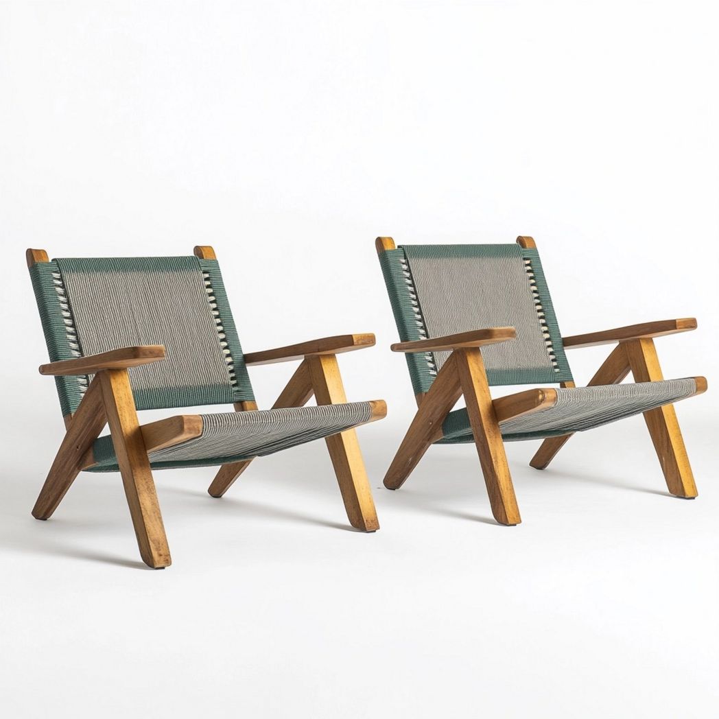 Coppia Sedie Sdraio Legno di Teak/Tessuto Verde/Grigio Seduta Bassa