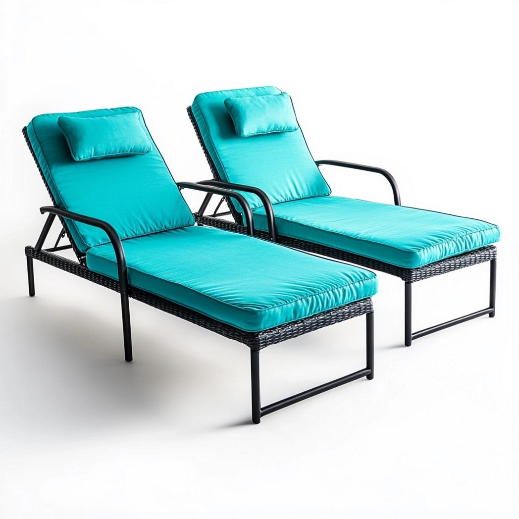 Set di 2 Lettini Prendisole Rattan Sintetico Cuscino Imbottito Regolabile Acciaio Nero Turchese Rettangolare