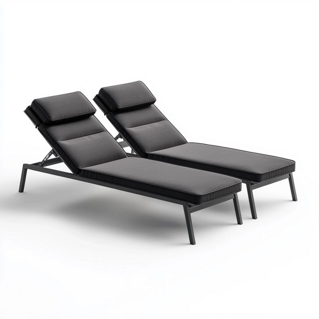 Set 2 Lettini Prendisole Nero Metallo Poliestere Rettangolare Imbottito 200x65x35 cm