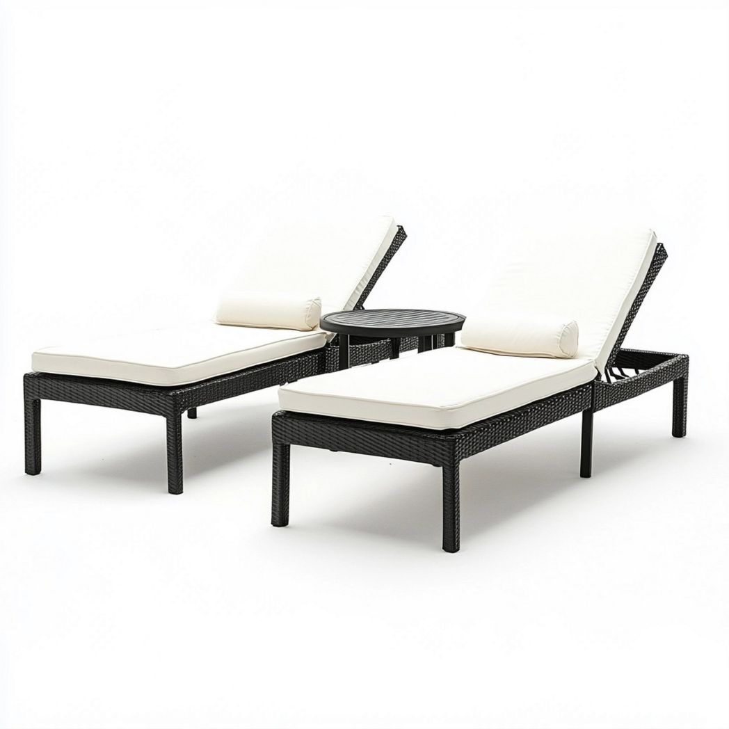 Set 3 pezzi Sdraio in rattan sintetico con cuscini regolabili Nero/Bianco 200 cm x 70 cm x 35 cm