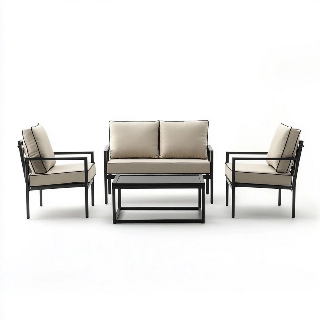 Set salotto da giardino in metallo robusto/fodera tessuto imbottito/cuscini amovibili/nero/beige salotto da giardino