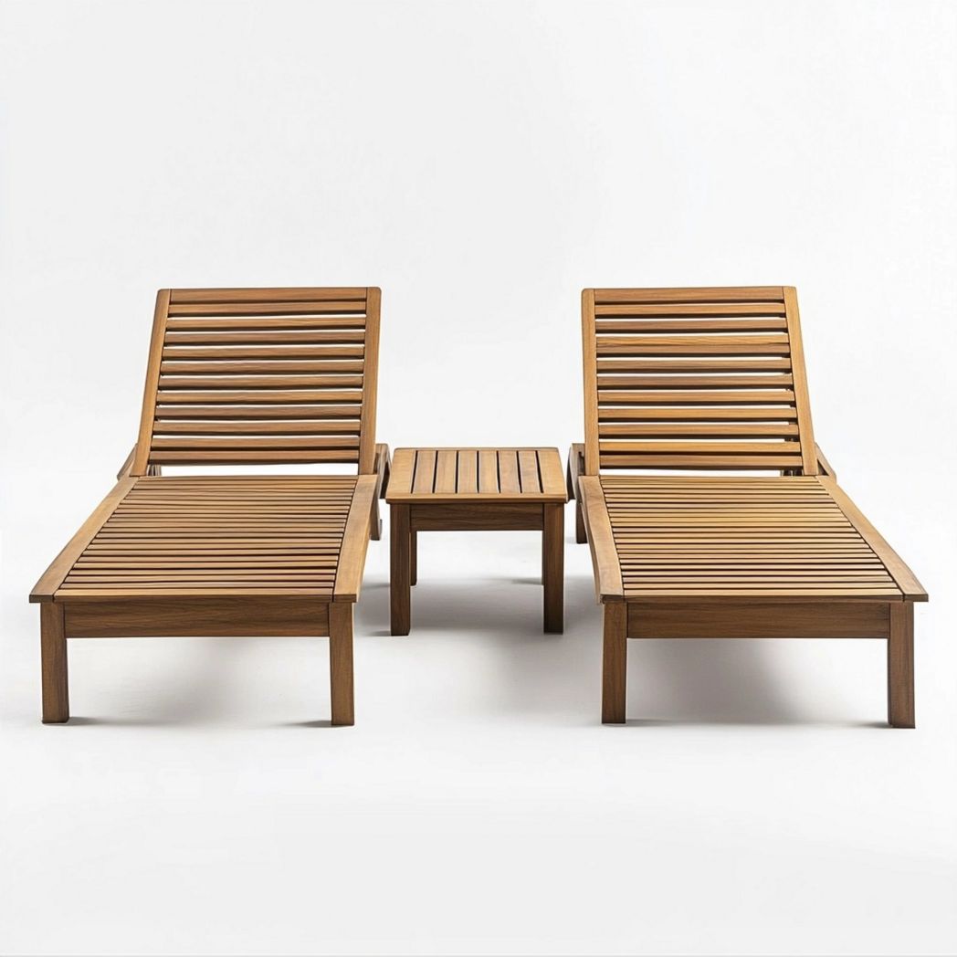 Sdraio Reclinabile in Legno Con Tavolino Teak Naturale 3 Pezzi