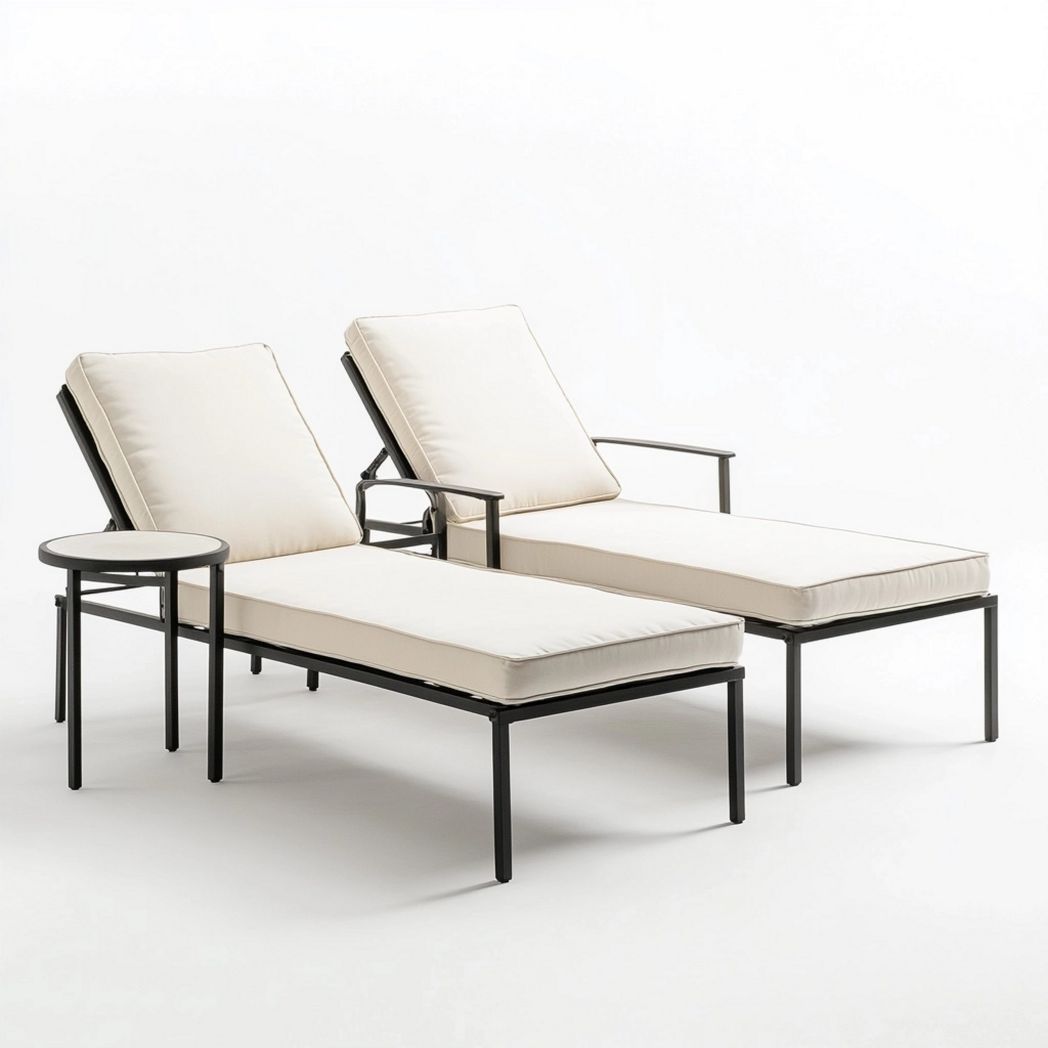 Set 3 Pezzi Chaise Longue in Alluminio Tessuto Sintetico 200 cm Rettangolare Beige/Nero Mobili da Giardino