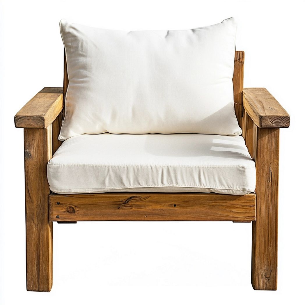 Poltrona legno teak cuscini tessuto bianco rettangolare
