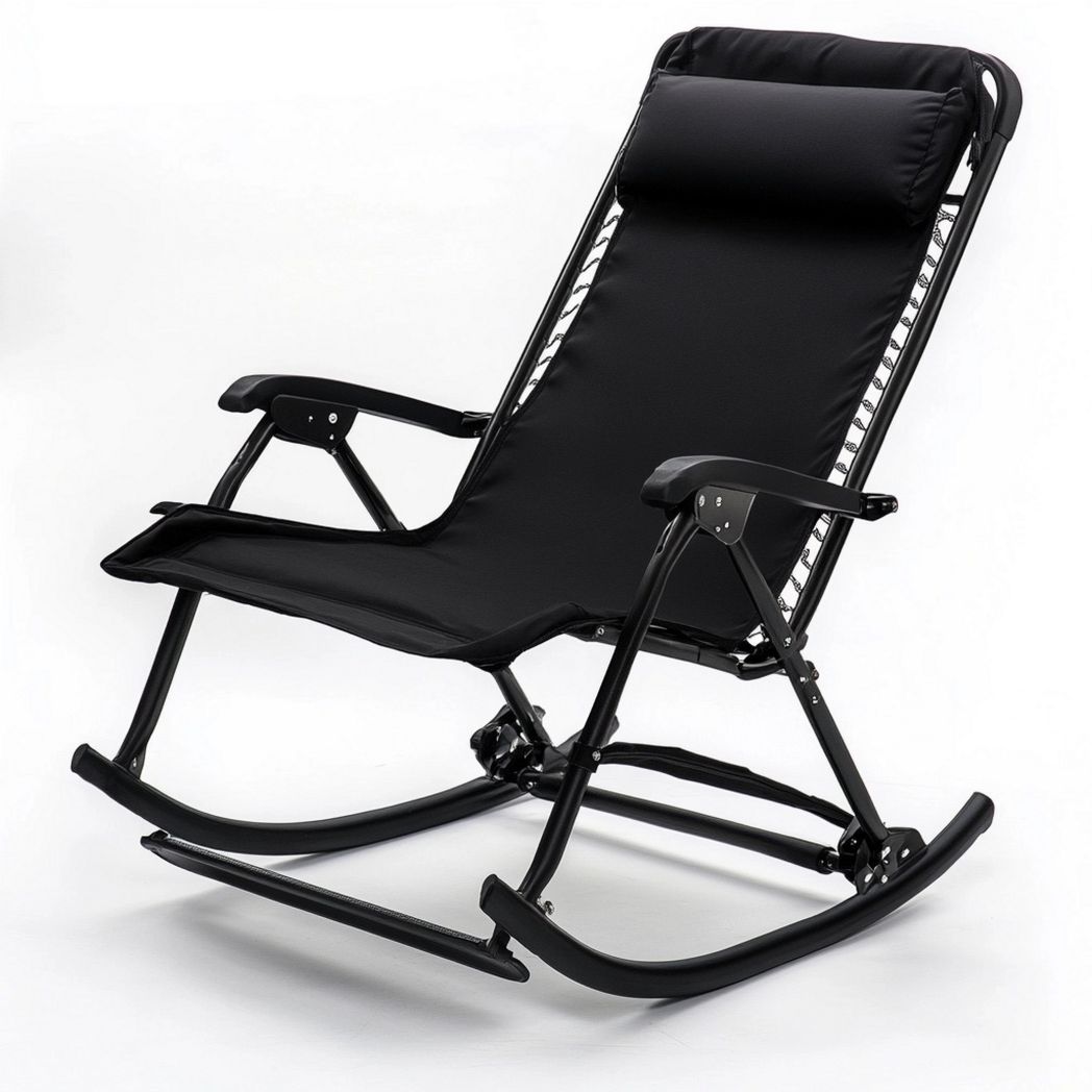 Sedia a Dondolo Nera in Metallo e Tessuto Pieghevole