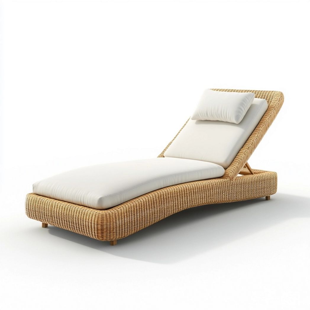 Lettino Prendisole Rattan Sintetico Schienale Regolabile Imbottitura Bianca 200 cm x 65 cm x 35 cm