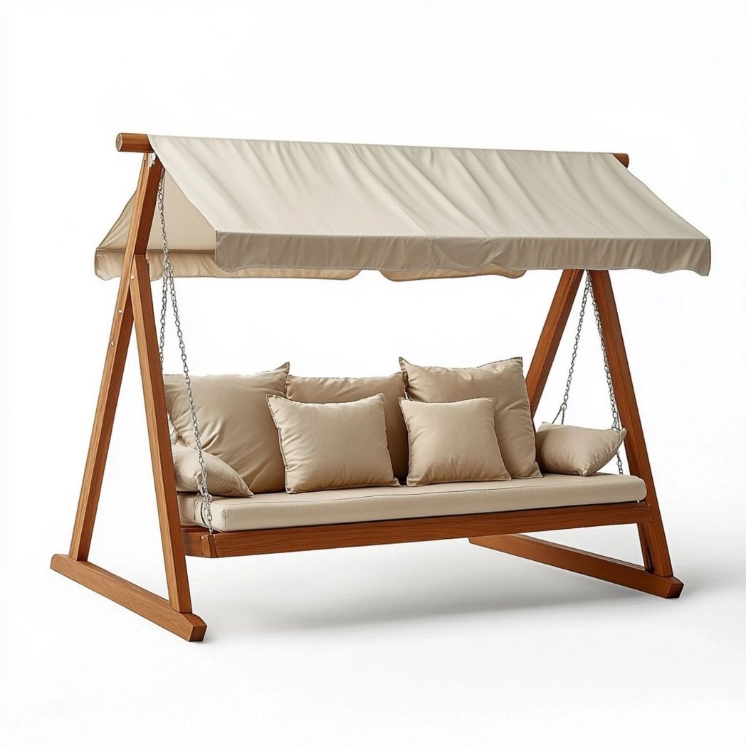 Dondolo a 3 Posti in Legno Massello e Tessuto Beige Con Tettoia