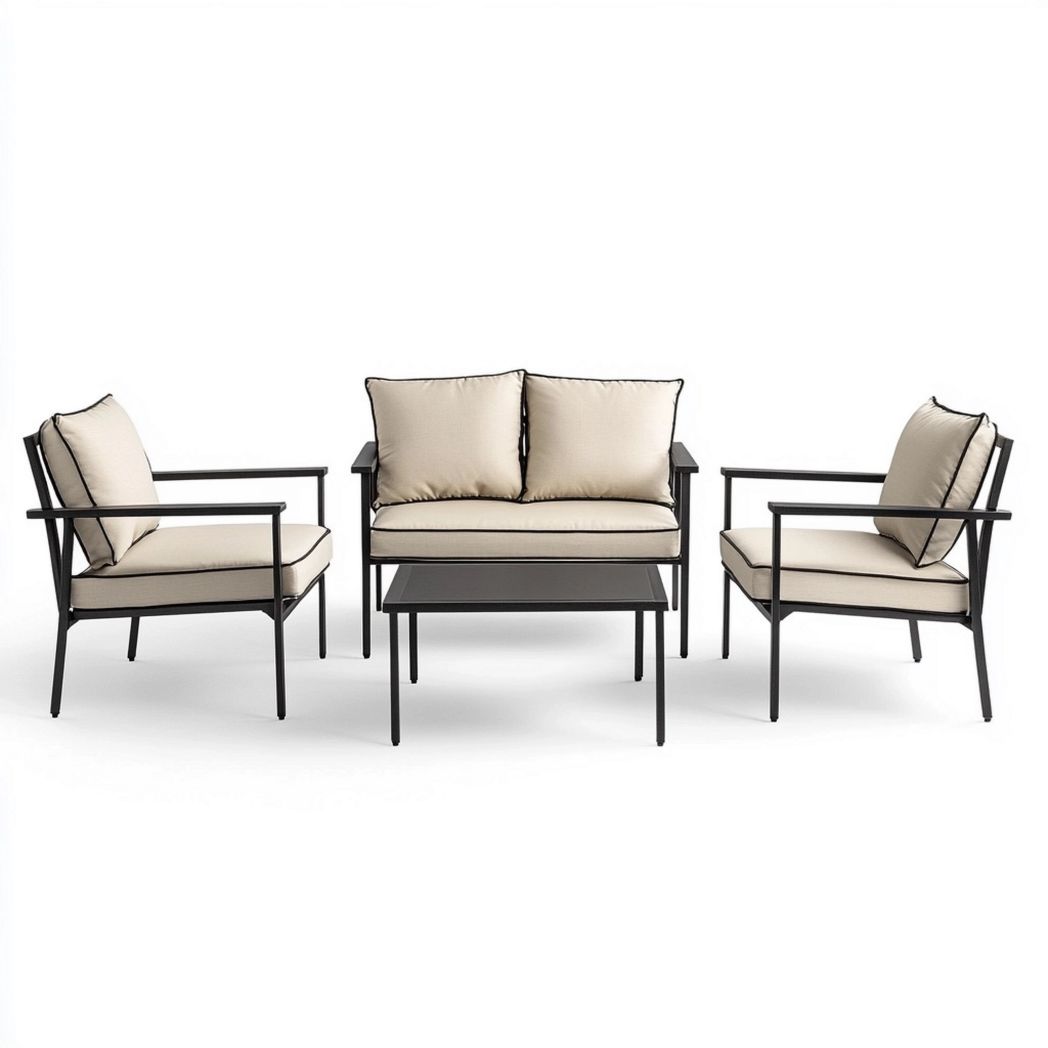 Set di mobili da giardino in metallo imbottito 4 pezzi Nero/Beige