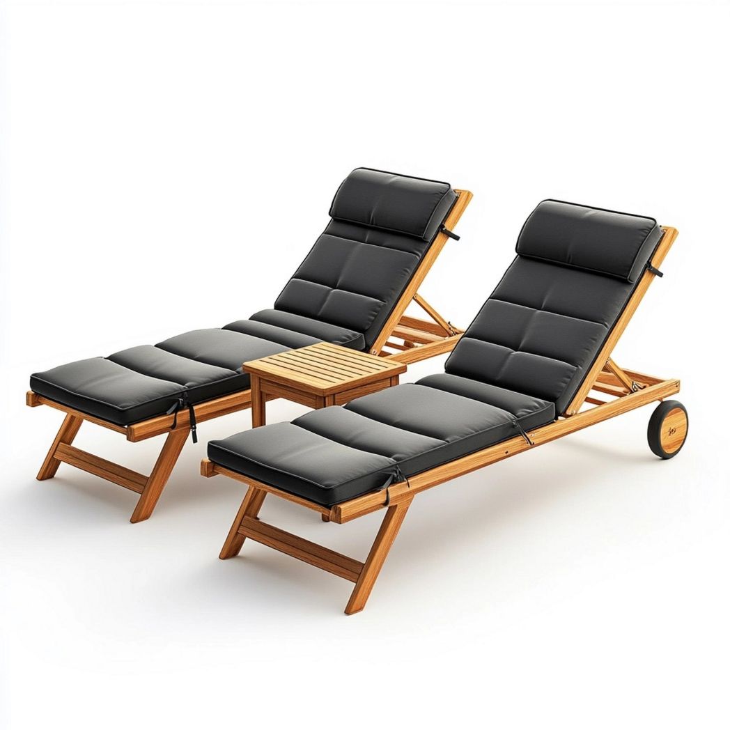 Set 3 Pezzi Sdraio In Legno di Acacia con Cuscini Imbottiti Rettangolare Nero