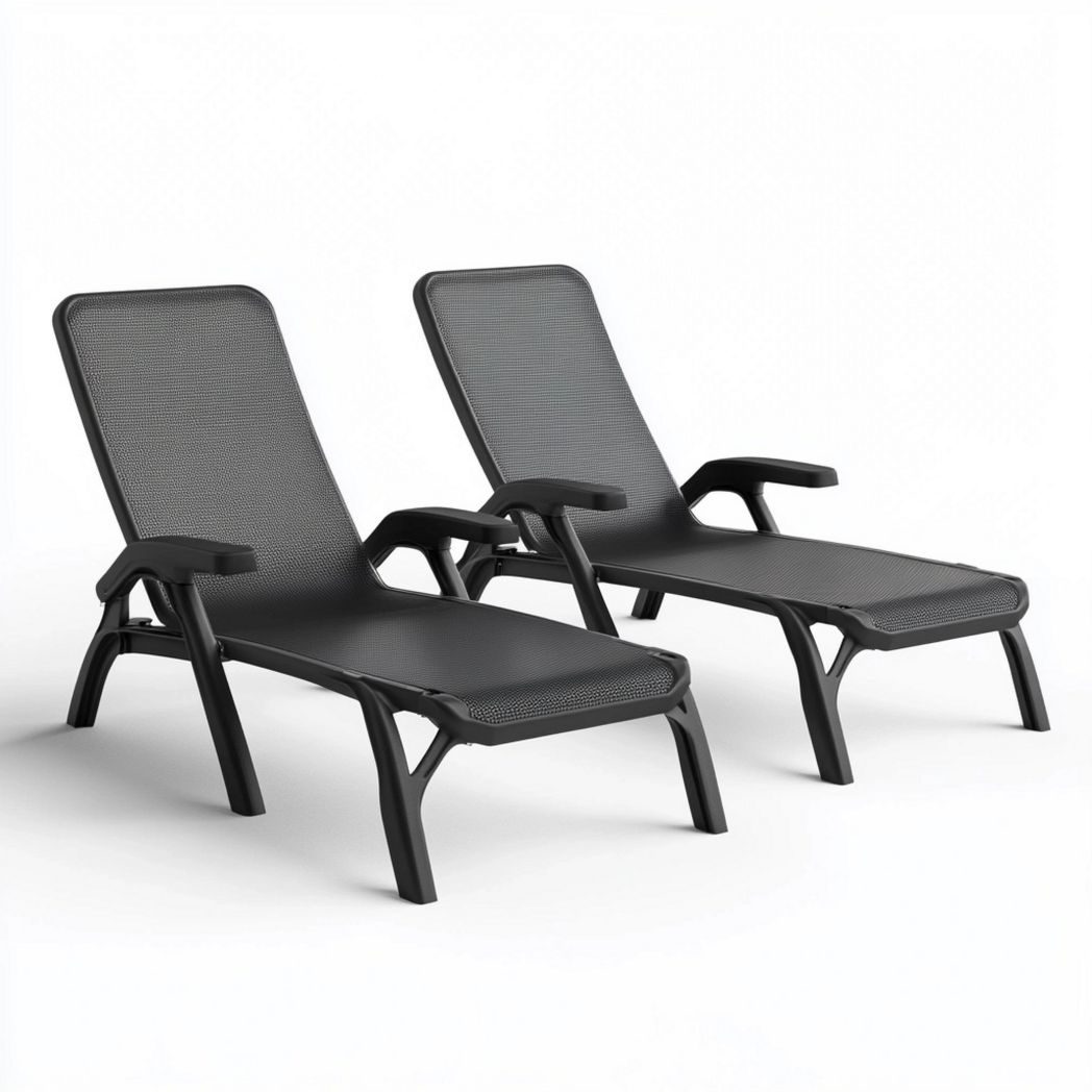 Set 2 Sdraio Nero Polipropilene Textilene Metallo 200x73 Lettino