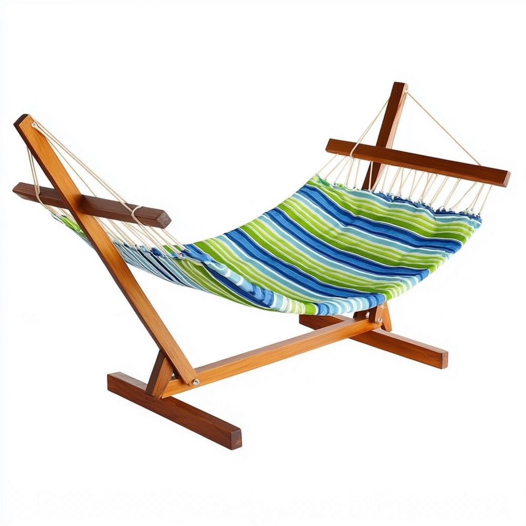 Amaca a Dondolo in Tessuto a Strisce Verdi/Blu con Struttura in Legno 200x100 cm