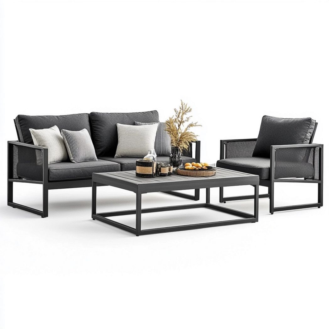 Set Divano da Esterno 3 Pezzi in Alluminio e Cuscini in Tessuto Grigio