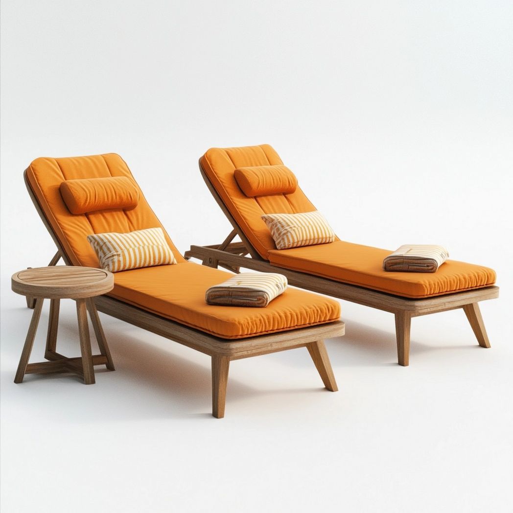 Set da 3 pezzi lettini prendisole in legno imbottitura tessuto linea moderna arancione