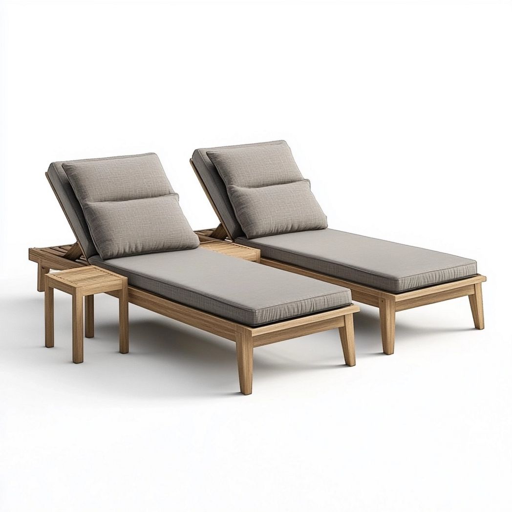 Set di 2 Lettini in Legno di Teak con Cuscini Grigi