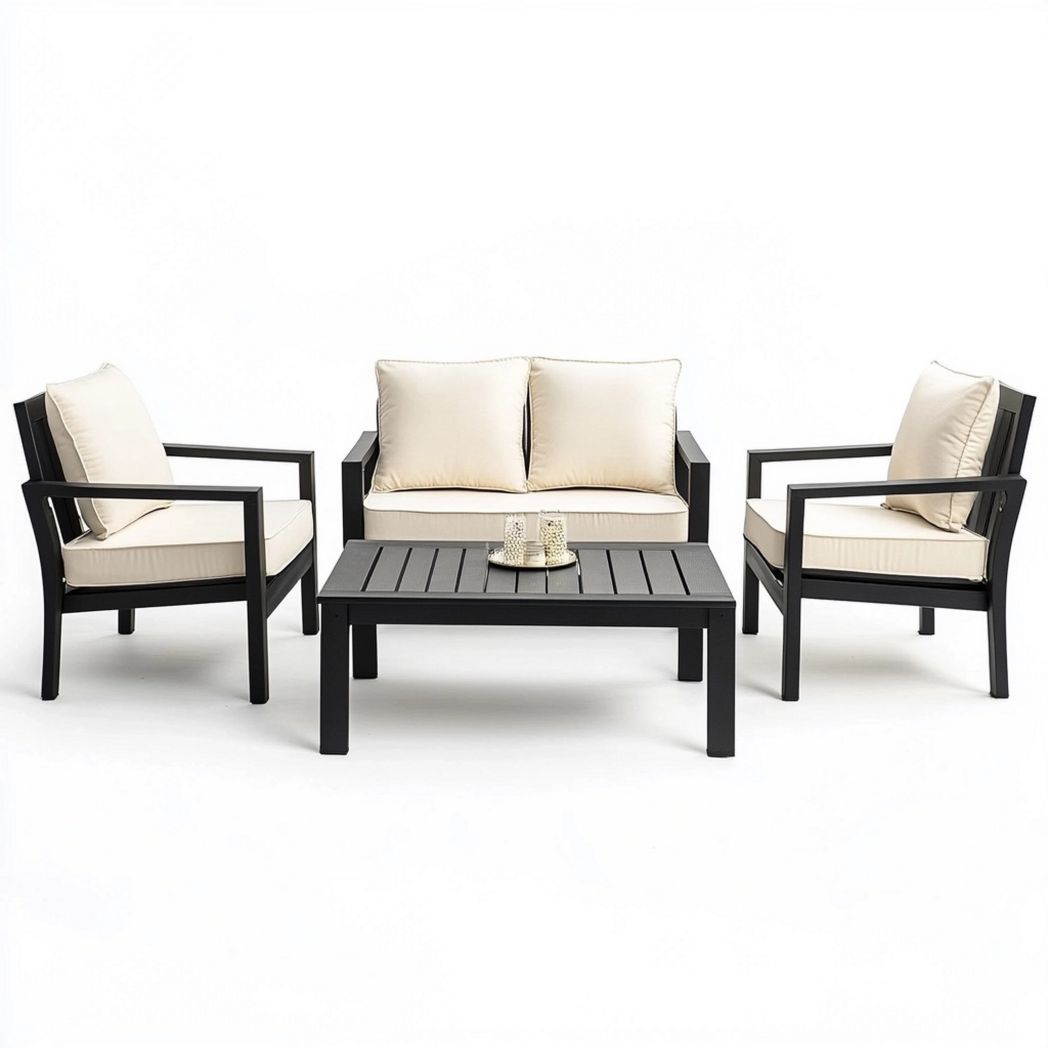 Set Divani da Esterno 4 Pezzi Alluminio Cuscini Beige Tavolo Rettangolare