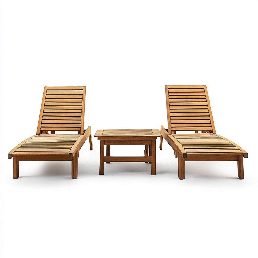 Set Sdraio Legno Massello Liscia Rettangolare Naturale 3 Pezzi