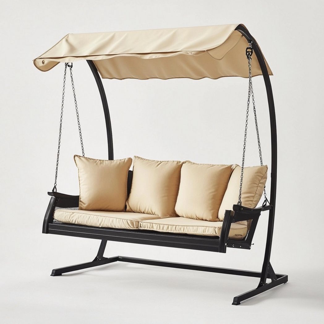 Divanetto a dondolo in metallo tessuto imbottito 200x120x165cm beige struttura arcuata