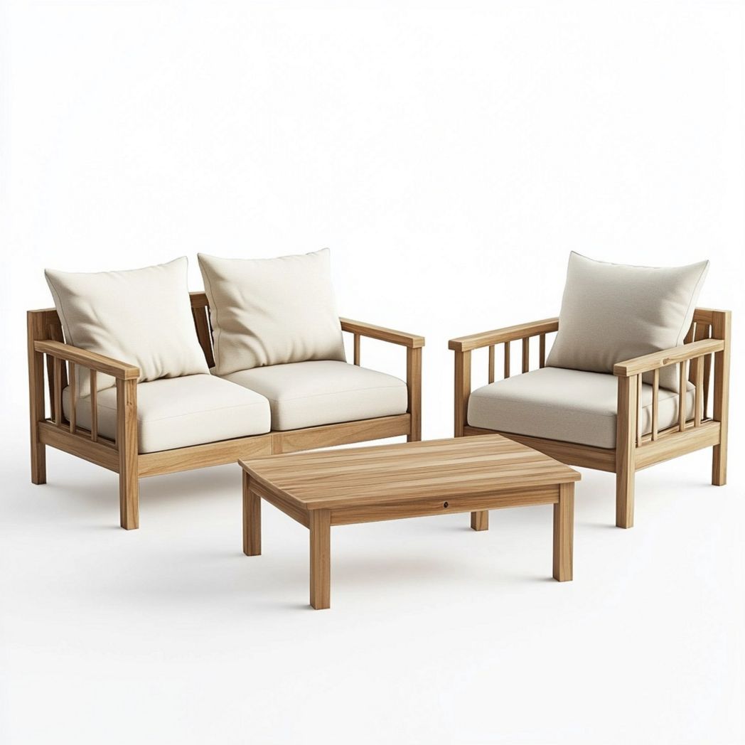 Salotto da Giardino in Legno Massello Cuscini in Tessuto Set 3 Pezzi Sabbia