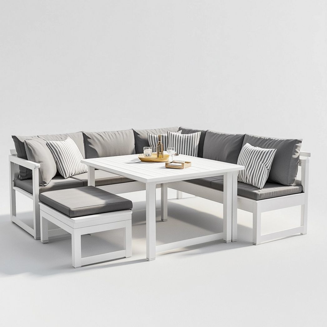 Set Divano ad Angolo con Tavolino 5 Pezzi in Alluminio Bianco Grigio