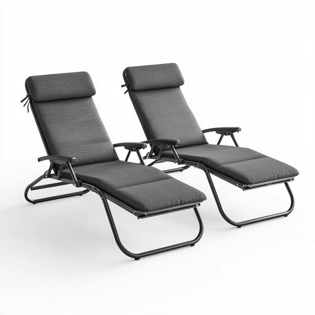 Set 2 Lettini Sdraio Grigio Acciaio Tela Poliestere Imbottitura 190x60x35 cm